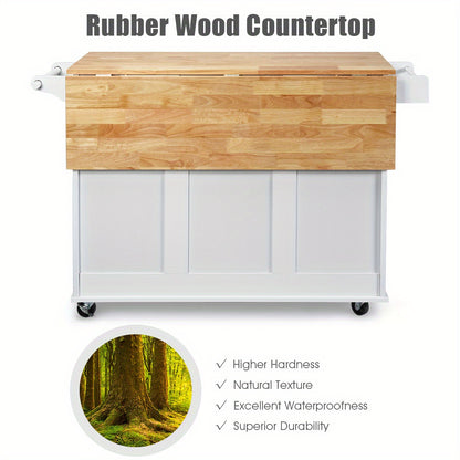 Rollende Keukenwagen – Keukentrolley – Keukenserverwagen – Keukeneiland – Opbergkast – Inclusief Handdoekhouder – Inklapbaar Werkblad – MDF en Rubberwood – Wit – 135x76x91 cm