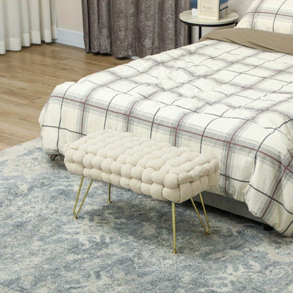 Velvet Padded Kruk – Poef – Voetenkruk – Hocker – Bankje – Met Metaal Poten – Hoogwaardige Voering – Crème Wit – 76x38x42 cm – Duurzaam & Elegant