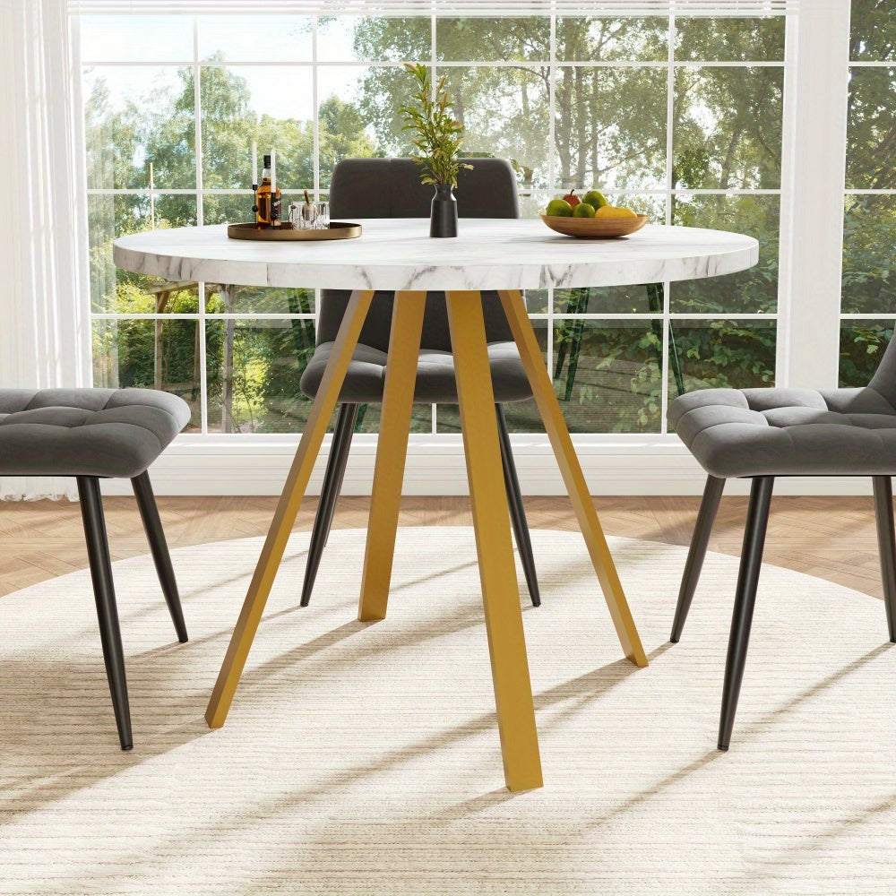 Ronde Eettafel – Ronde Tafel – Keukentafel – Eettafel 4 Personen – Koffietafel – Metalen Gouden Poten – Witte Marmerlook – 80x80x75 cm