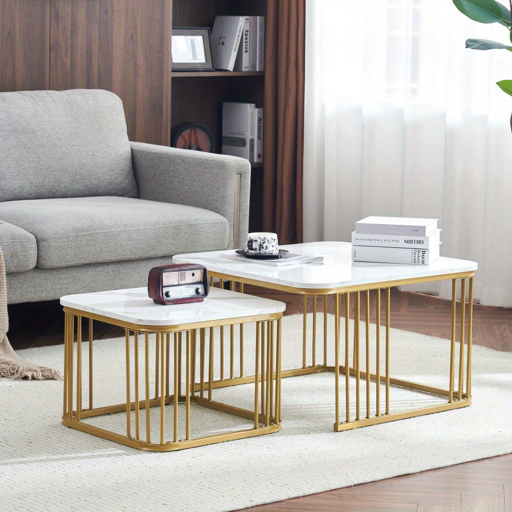 Salontafel – Koffietafel – Bijzettafel – Tafeltje – Woonkamertafel – Hoogglans Marmerlook – Verstelbare Poten – Set van 2 (60x60x45 & 45x45x40 cm)