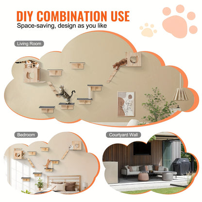 kattenwandplanken – kattenrennen – kattenhuis – kattenkooi – kattenverblijf – 9-delige set – duurzaam hout – multifunctioneel klimplezier
