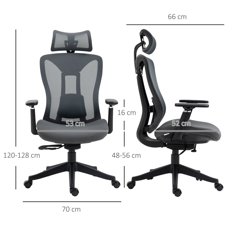Ergonomische Bureaustoel – Kantoorstoel – Werkstoel – Deskchair – Bureaustoel Verstelbaar – Kantelfunctie 135° – Verstelbare Armleuningen – Ademend Mesh Grijs