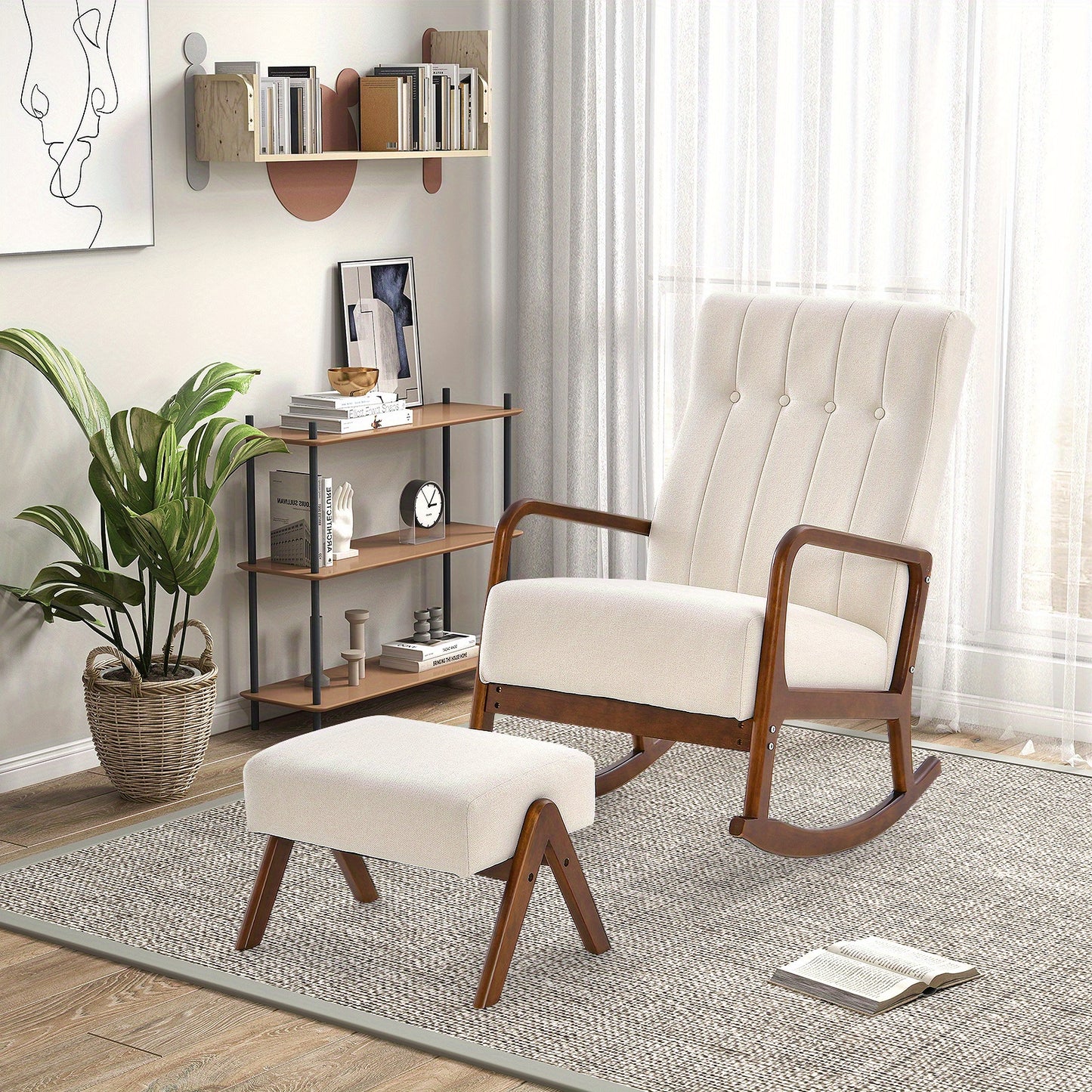 Schommelstoel Met Hocker – Rocking Chair – Relaxstoel – Lounge Stoel – Stoel Met Voetensteun – Wit Katoen Linnen – Ergomisch Design – Houten Frame