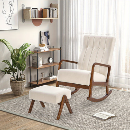 Schommelstoel Met Hocker – Rocking Chair – Relaxstoel – Lounge Stoel – Stoel Met Voetensteun – Wit Katoen Linnen – Ergomisch Design – Houten Frame