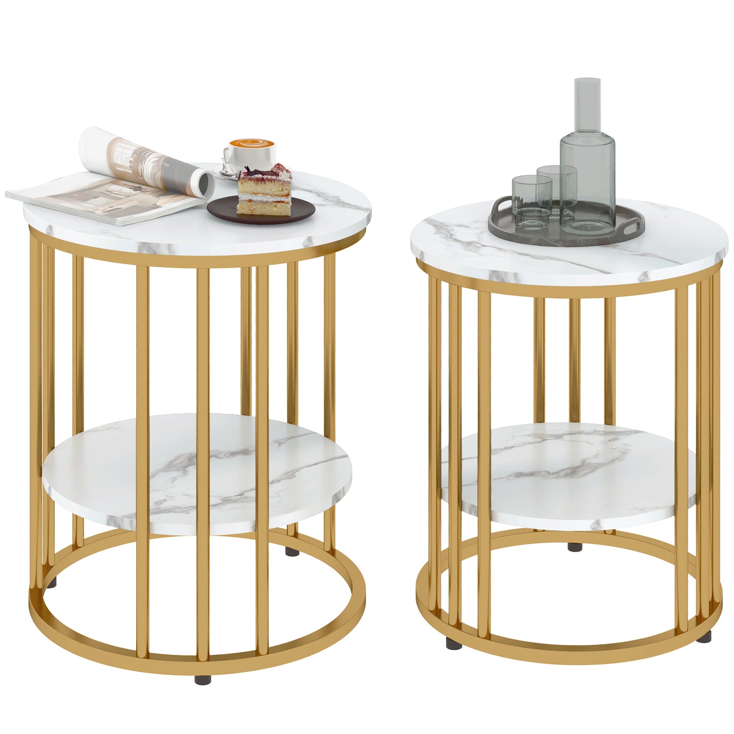 Bijzettafel – Bijzettafels – Salontafel – Nachtkastje – Side Table – Set Van 2 Ronde Tafels – Marmer-Look Tafelblad – Open Opbergruimte Met Metaal Frame