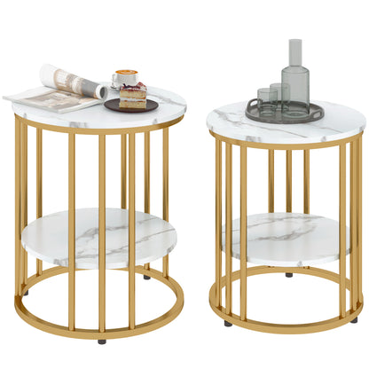 Bijzettafel – Bijzettafels – Salontafel – Nachtkastje – Side Table – Set Van 2 Ronde Tafels – Marmer-Look Tafelblad – Open Opbergruimte Met Metaal Frame