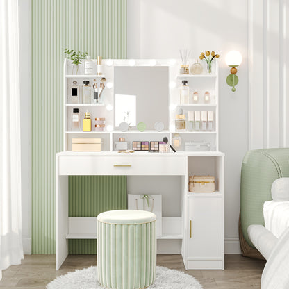 Make-uptafel – Make-uptafel – Schminktisch – Dressoir – Kaptafel – Witte Afwerking – Grote Tafelplaat – Verstelbare Verlichting – Opbergkasten en Lades – Open Planken