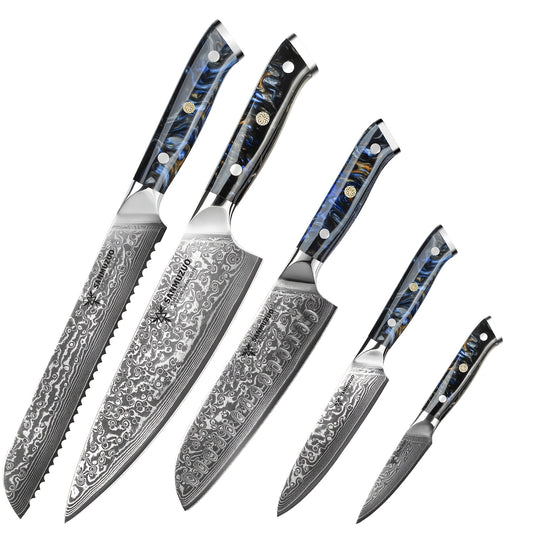 Koksmes – Keukenmes – Santokumes – Broodmes – Schilmes – 5-Delige Messenset – VG10 Damascus Staal – Ergonomisch Resin Handvat