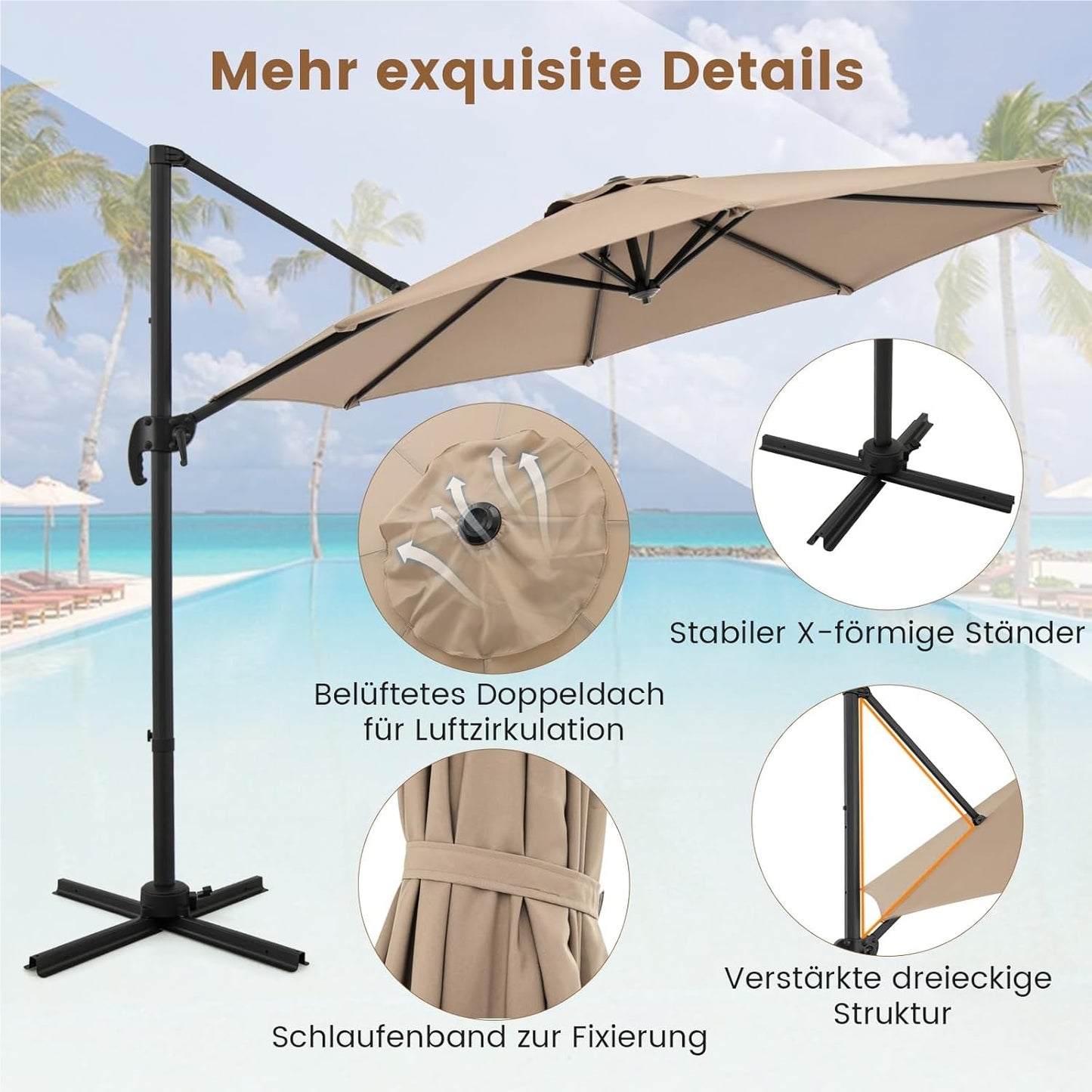 Parasol – Zweefparasol – Stokparasol – Tuinparasol – Balkonparasol – Rond – 300 x 300 cm – 360° Draaibaar Met Voetpedaal