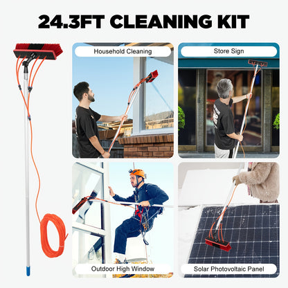 Watergevoede Telescopische Staalborstel – Ramenreiniger – Zonnepanelenborstel – Gevelborstel – Schoonmaaksteel – Verstelbare 180° Borstelkop – 7,4 Meter Lengte Met 20 Meter Waterslang – Veilig En Ergonomisch