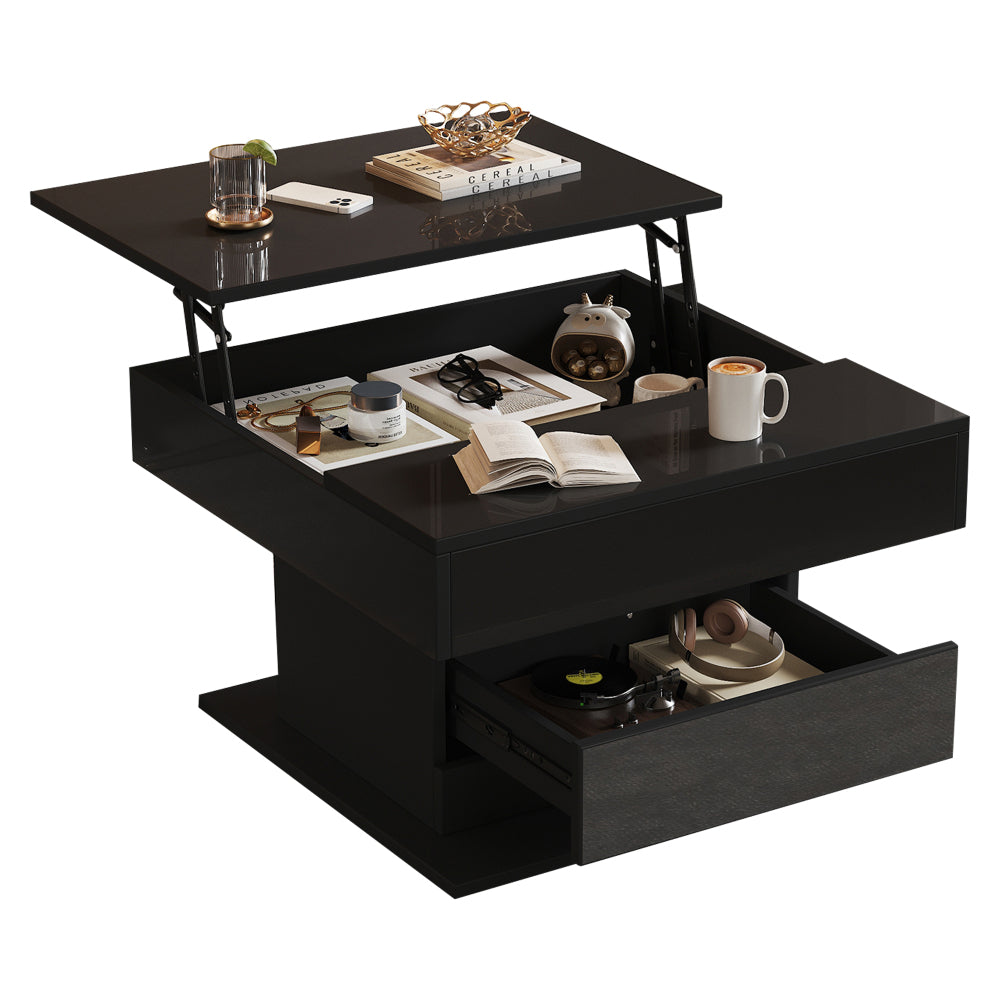 Geometric Coffee Table, 360° Rotating Top, Lift-Up Coffee Table with 1 Drawer, High-Gloss Living Room Table with Hidden Storage, Sofa Table, Side Table, Black