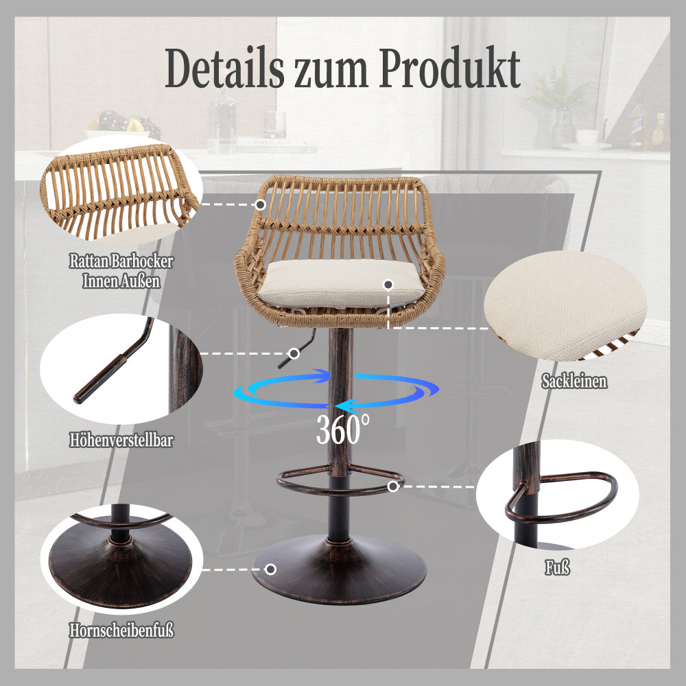 Barstoel – Barkruk – Barkrukken – Barstoelen – Keukenstoel – Verstelbare Hoogte – Beige Linnen Kussen – Zwarte Metalen Poot – Set Van 2 – Met Voetsteun – Direct Gebruiksklaar