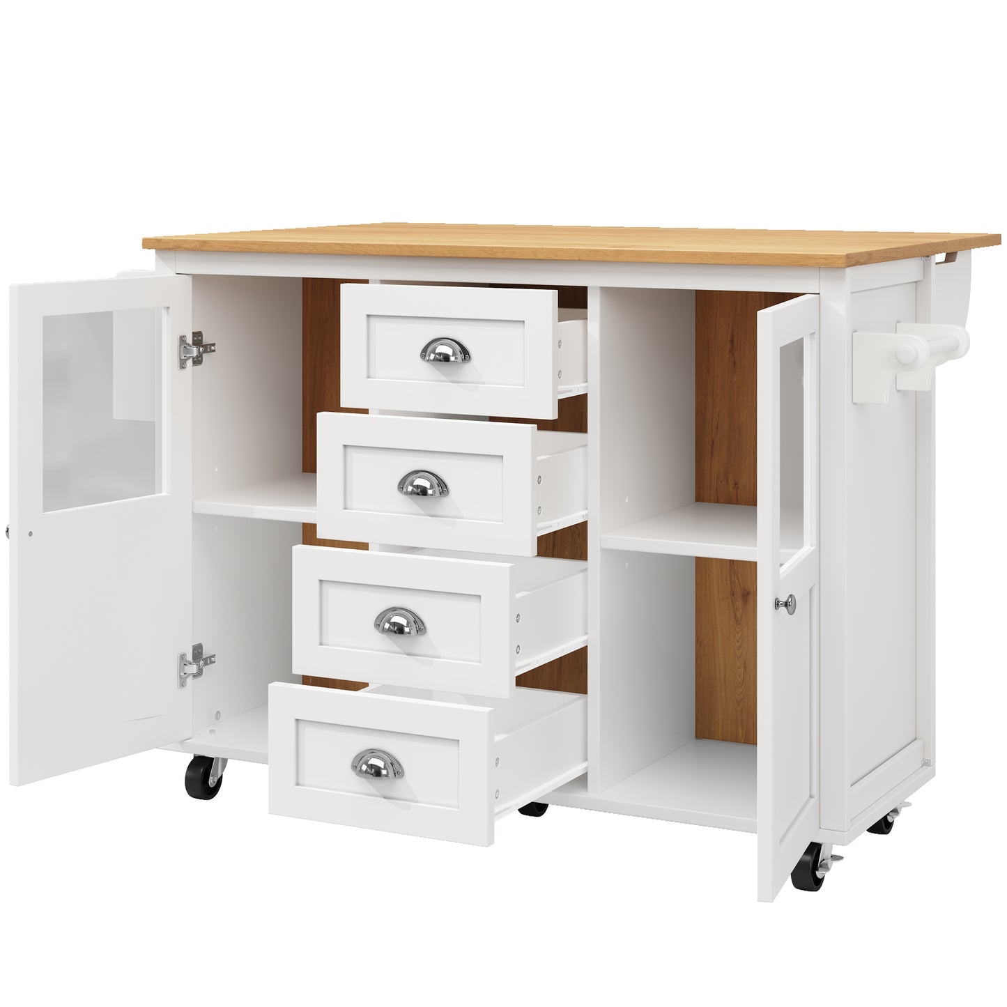 Keukeneiland Op Wielen – Keukenwagen – Buffetkast – Werkplek – Opbergmeubel – Inklapbaar Werkblad – 4 Lades en 2 Deuren – Verstelbare Planken – Handdoek- En Kruidenhouder – Wit