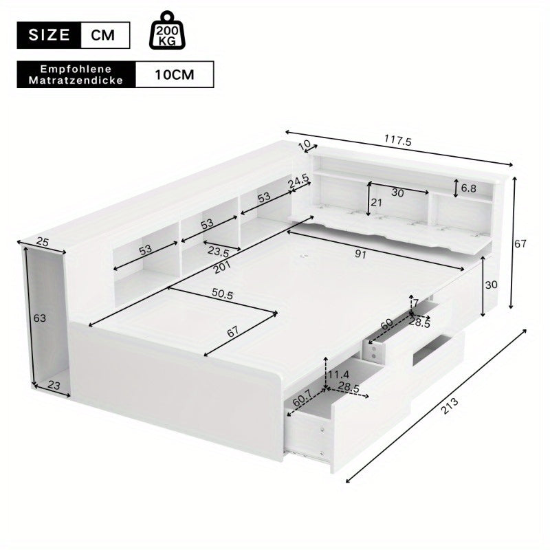 Eenpersoonsbed – Bed – Single Bed – Opbergbed – Slaapkamerbed – 90x200 cm – Ruimtebesparend Met Ingebouwde Lades En Kast – Duurzaam Onderhoudsvriendelijk Niet-Houten Materiaal