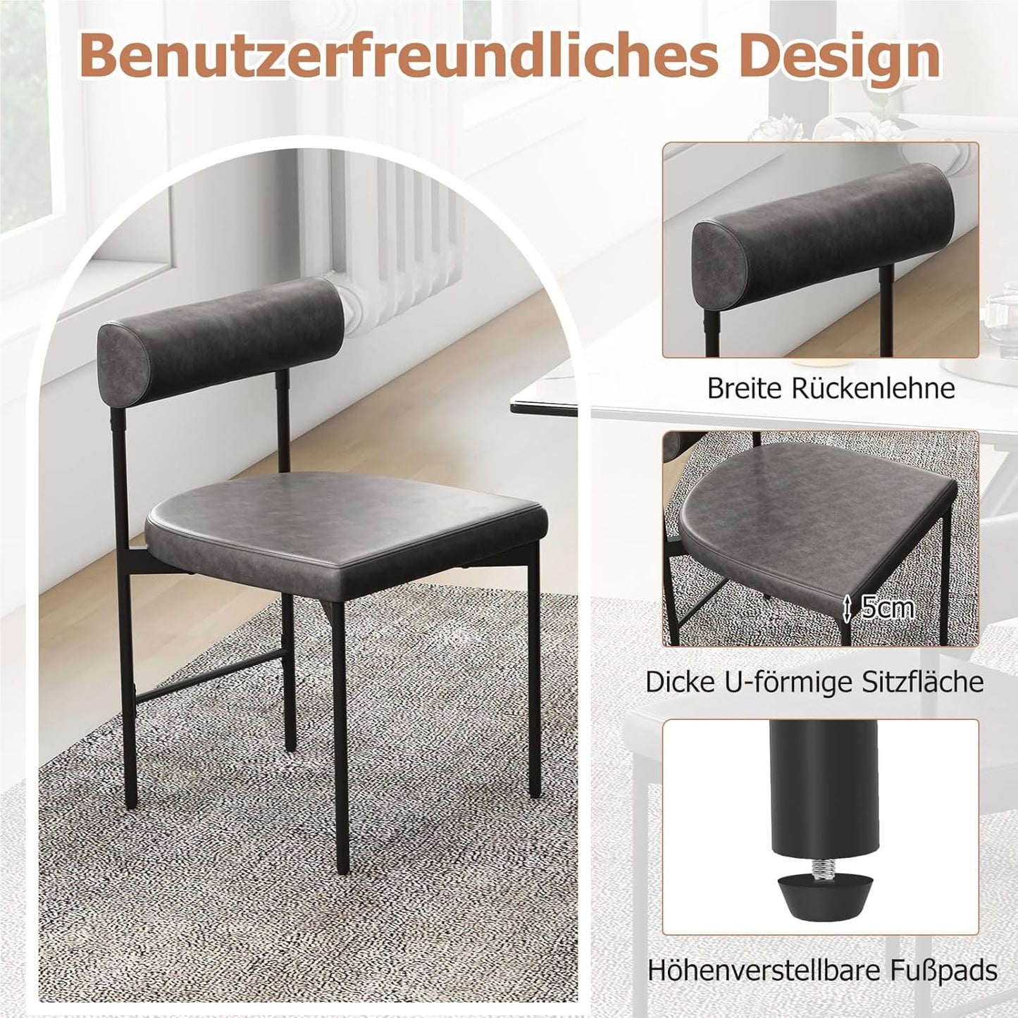 Eetkamerstoelen – Stoelen – Keukenstoelen – Design Stoelen – Armloze Stoelen – Ergonomisch Comfort – Grijs PVC Kunstleer