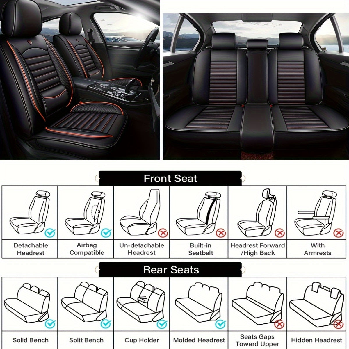 Car Seat Covers Full Set, Fit For Nissan Qashqai, Micra, Note, X-Trail, Leaf, Almera, Faux Leather Car Seat Protector, All Season Universal Car Seat Cushion, Adjustable Car Seat Covers Front Seats And Back