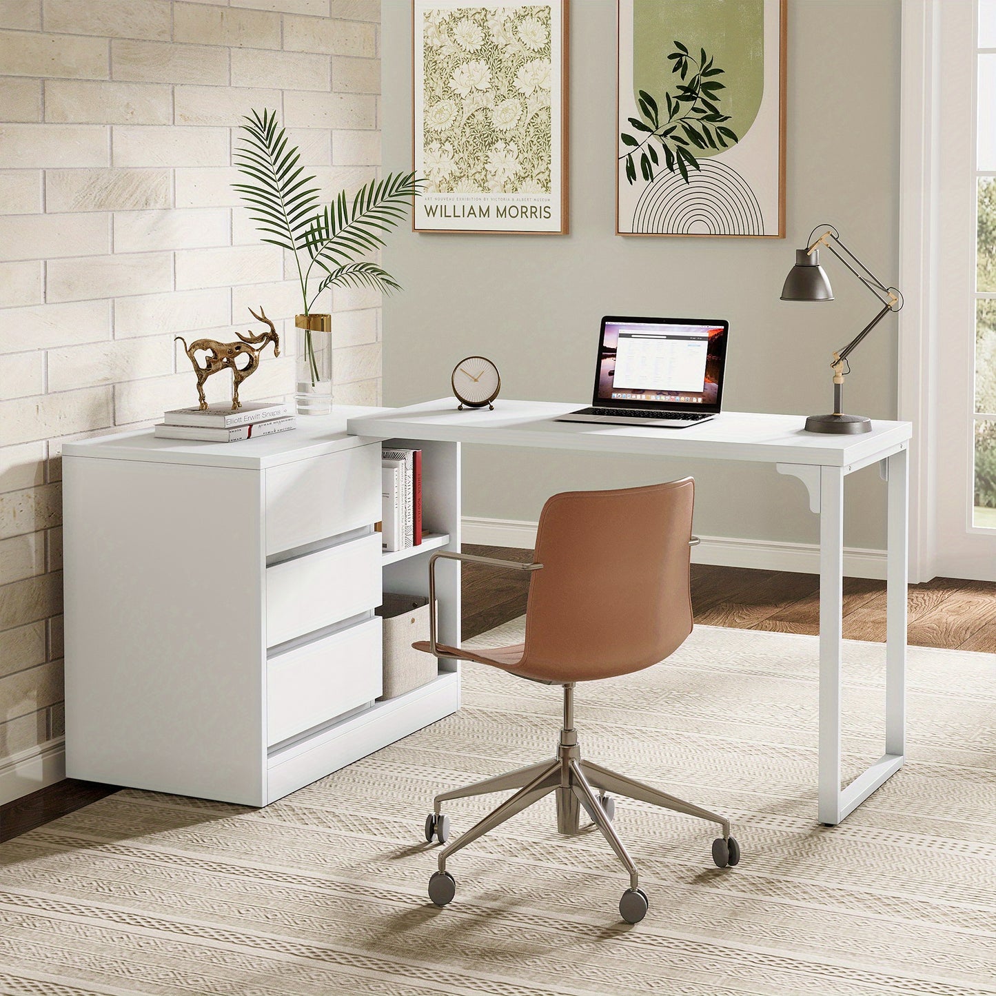 Bureau – Schrijftafel – Werktafel – Computertafel – Laptopbureau – Extra Lang 160 cm – 6 Opbergvakken – Ruim Werkblad – Stabiel Metalen Frame – Wit Houtkleurig Design