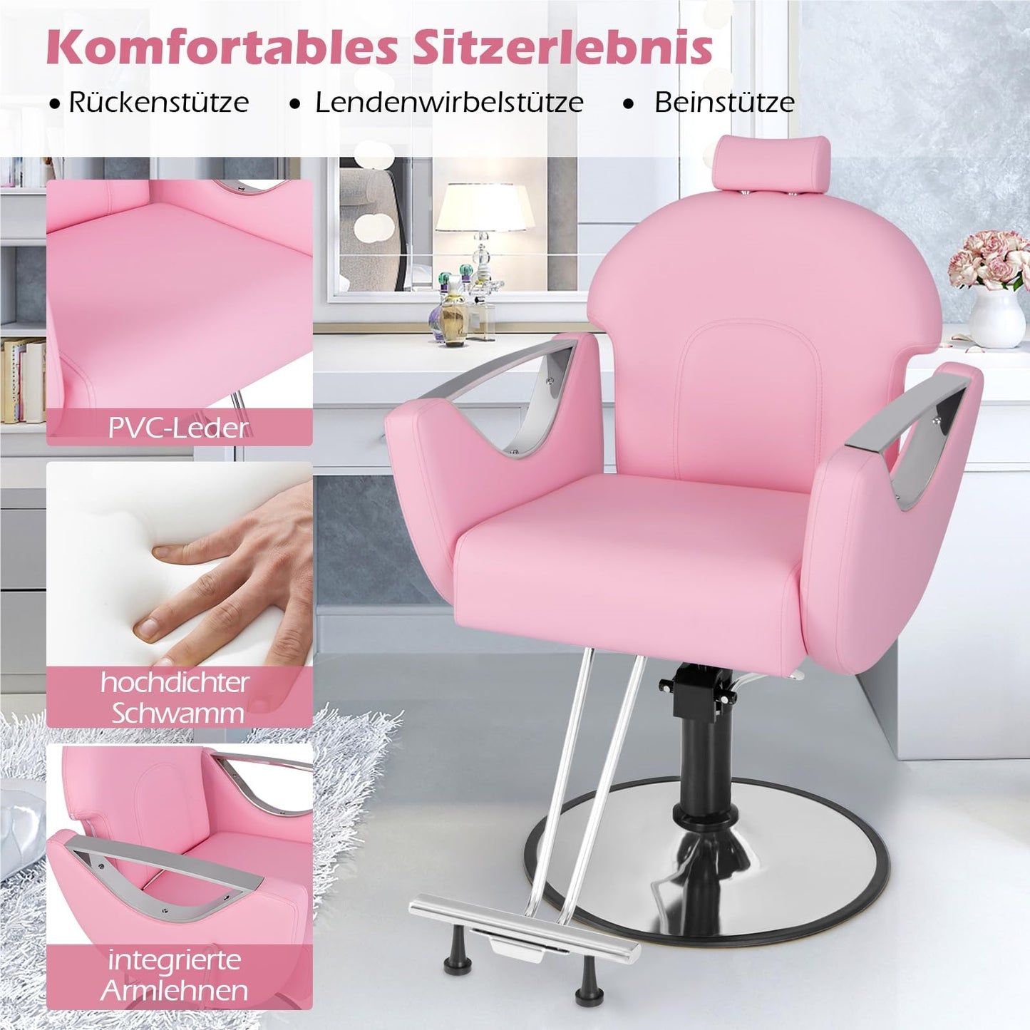 Verstelbare Barbierstoel – Kappersstoel – Schoonheidsstoel – Salonstoel – Tattoo Stoel – 360° Draaibaar – Hydraulisch Verstelbaar – Max 150Kg – Roze