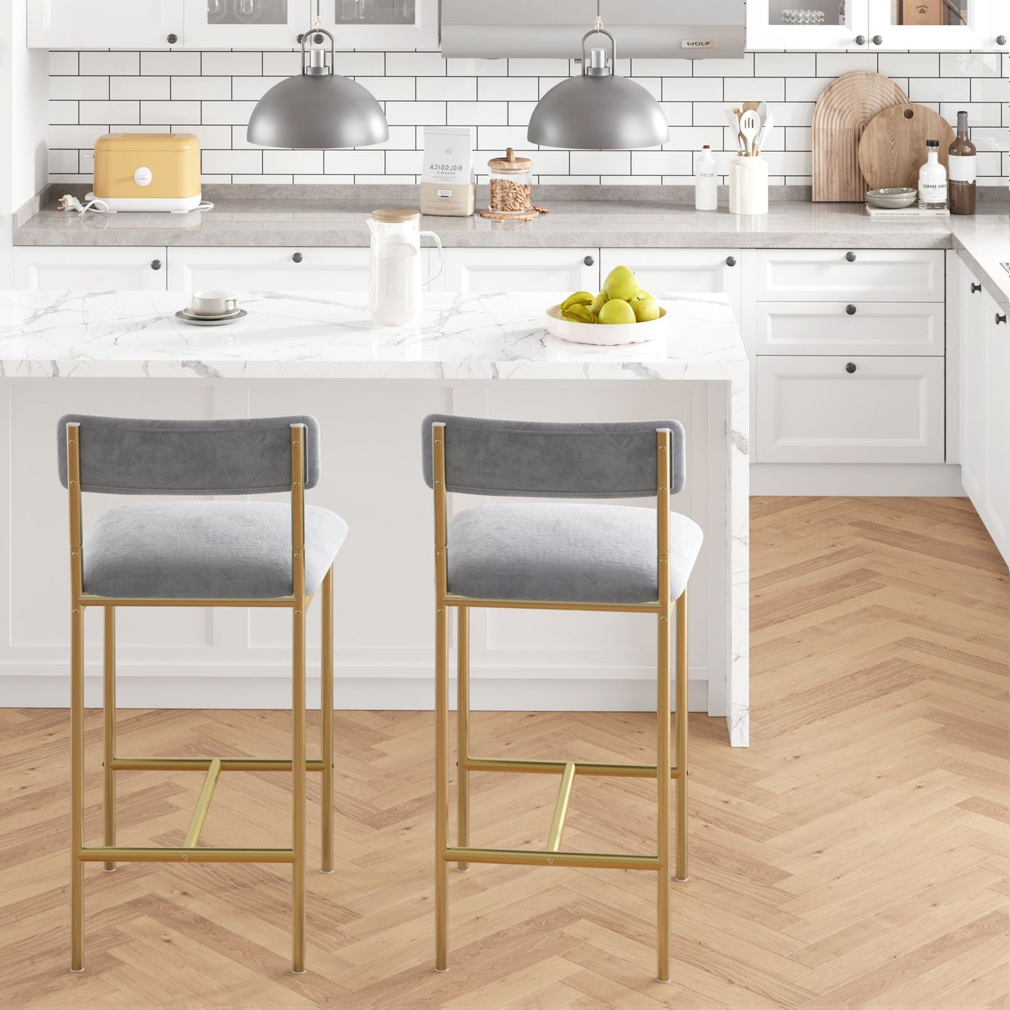 Hoge Bartafel Set – Barmeubel – Bistroset – Hoge Eettafel – Barstoel – Gouden Metaal – Velours Grijs – Ruimtebesparend Ontwerp – Eenvoudige Montage