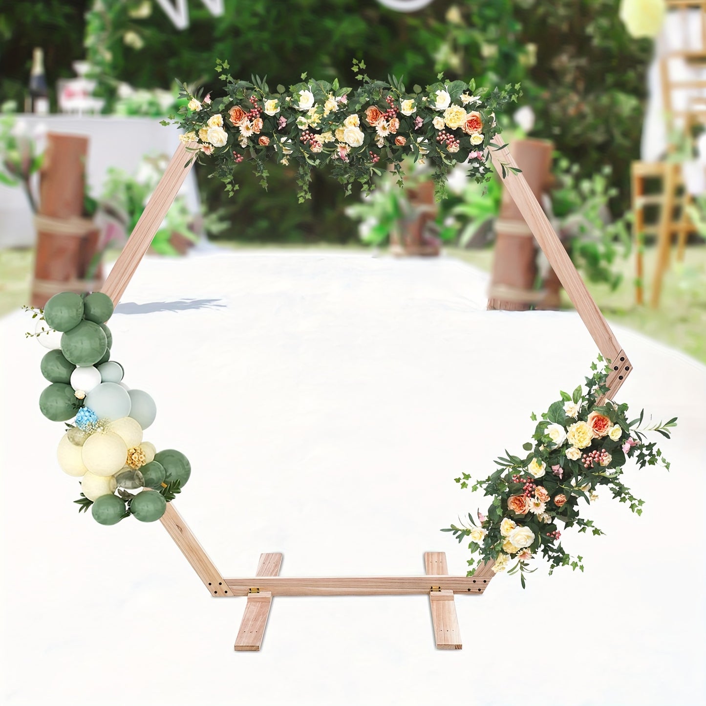 GDRASUYA10 Contemporary Hexagonal Wooden Stand for Weddings, Parties & Home Decor - Freestanding Rustic Photo Backdrop with Vibrant Floral Accents, Wooden Decor, Party Decoration, Elegant Design, Natural Texture