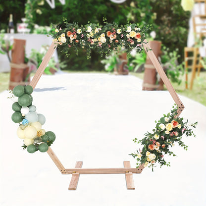 GDRASUYA10 Contemporary Hexagonal Wooden Stand for Weddings, Parties & Home Decor - Freestanding Rustic Photo Backdrop with Vibrant Floral Accents, Wooden Decor, Party Decoration, Elegant Design, Natural Texture