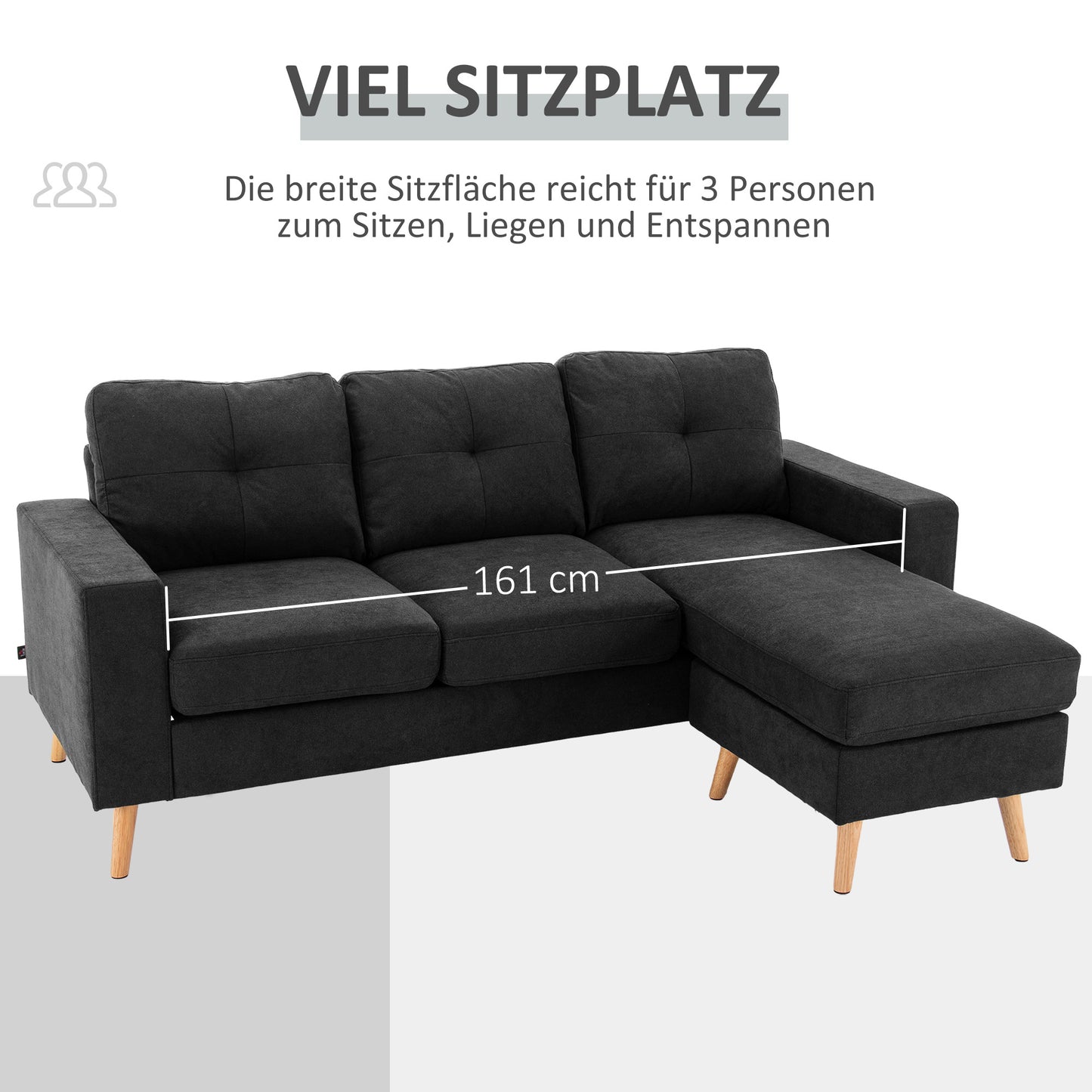 Hoekbank – 3-Zitsbank – Sofa – Loungebank – Chaise Longue – Zwart – Button Tufting – Compacte Afmetingen 193x136x85 CM