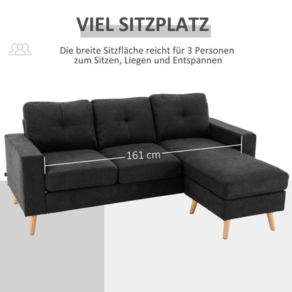 Hoekbank – 3-Zitsbank – Sofa – Loungebank – Chaise Longue – Zwart – Button Tufting – Compacte Afmetingen 193x136x85 CM