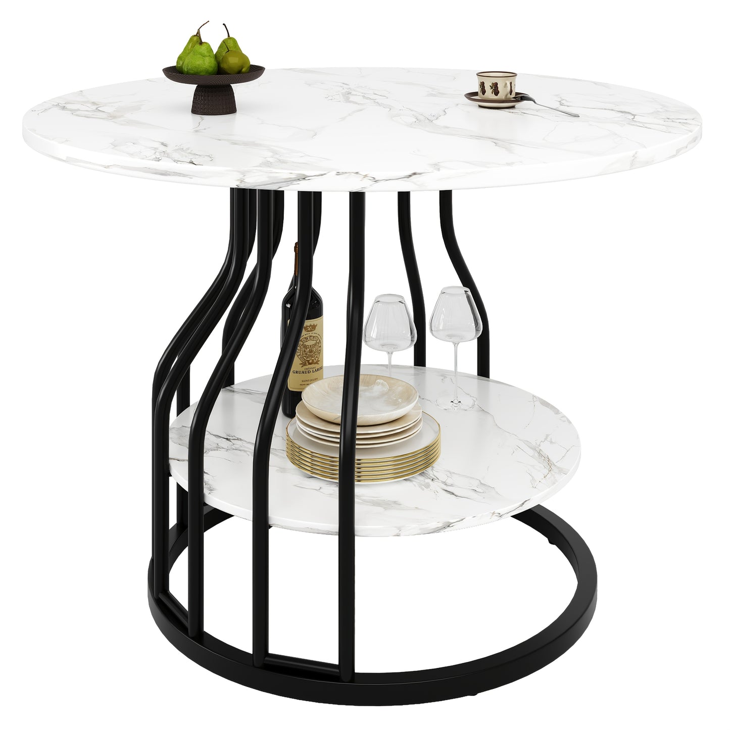 Contemporary Black Metal Dining Table with Storage Dome, 80x80x76cm - Round Kitchen & Coffee Table for 4, MDF Marble Top, Elegant Design for Living Room or Dining Room, Dining Table Decor, Sleek Table Base, Smooth Surface