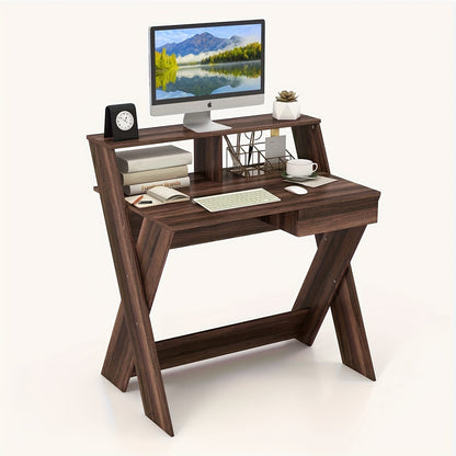 Bureau – Computerbureau – Schrijftafel – Werktafel – Laptoptafel – Compact – Walnoot Met Lade En Ergonomische Monitorverhoger