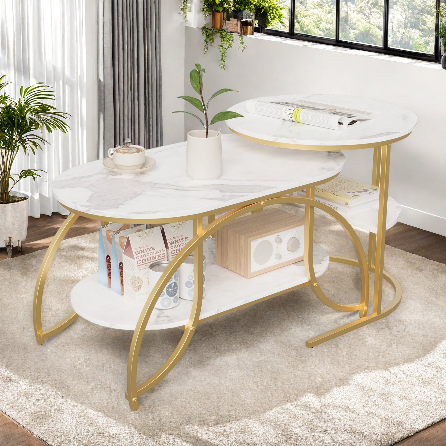 Koffietafel Set – Salontafel – Bijzettafel – Woonkamertafel – Tafelset – Wit Marmerpatroon – Gouden Metalen Onderstel – Compact en Stevig