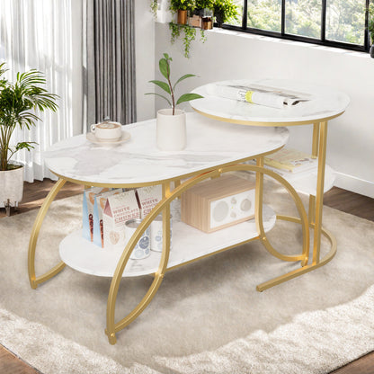 Koffietafel Set – Salontafel – Bijzettafel – Woonkamertafel – Tafelset – Wit Marmerpatroon – Gouden Metalen Onderstel – Compact en Stevig