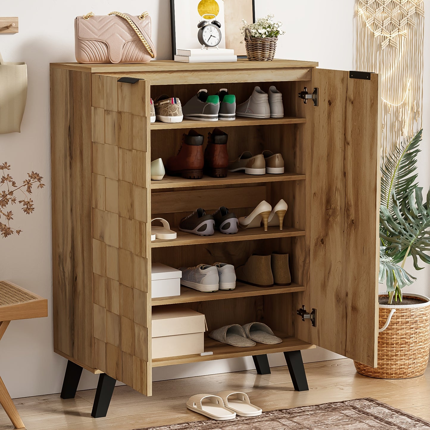 Schoenenkast – Schoenenrek – Schoenenopberger – Halmeubel – Schoenenbank – Hardhout & Spaanplaat – Verstelbare Planken & 5 Vakken - Houtkleur