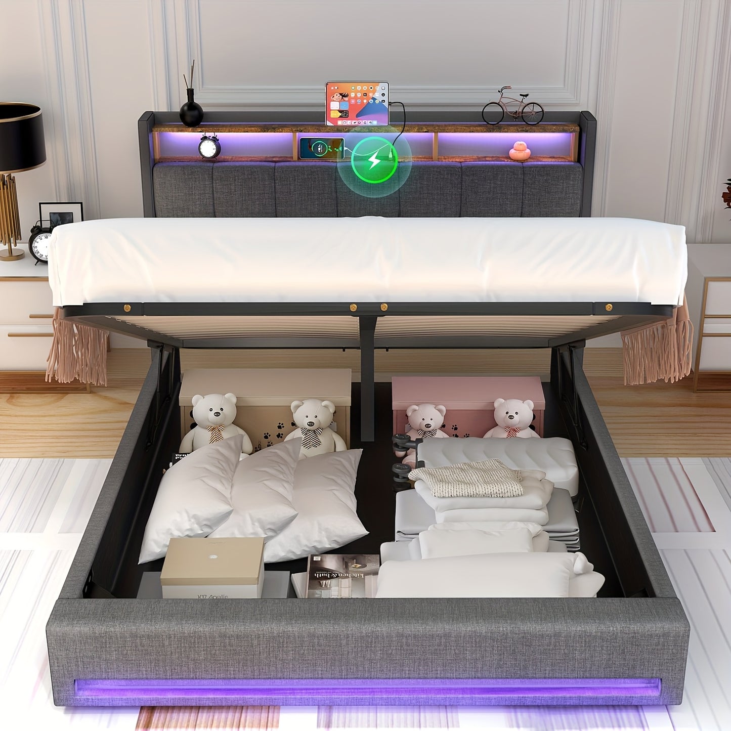 Gestoffeerd Bedframe – Modern Bed – Slaapkamer Bed – Led Bed – Eenpersoonsbed – 140x200 cm – RGB LED Sfeerverlichting – Stevig Niet-Houten Frame