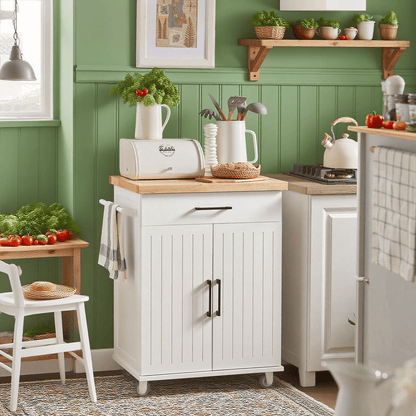 Keukentrolley – Keukenwagen – Serveerwagen – Opbergkast – Werkbank – Rubberhouten Werkblad – Wielen Met Rem – MDF Kast – 74x91x46 cm – FKW119-WN
