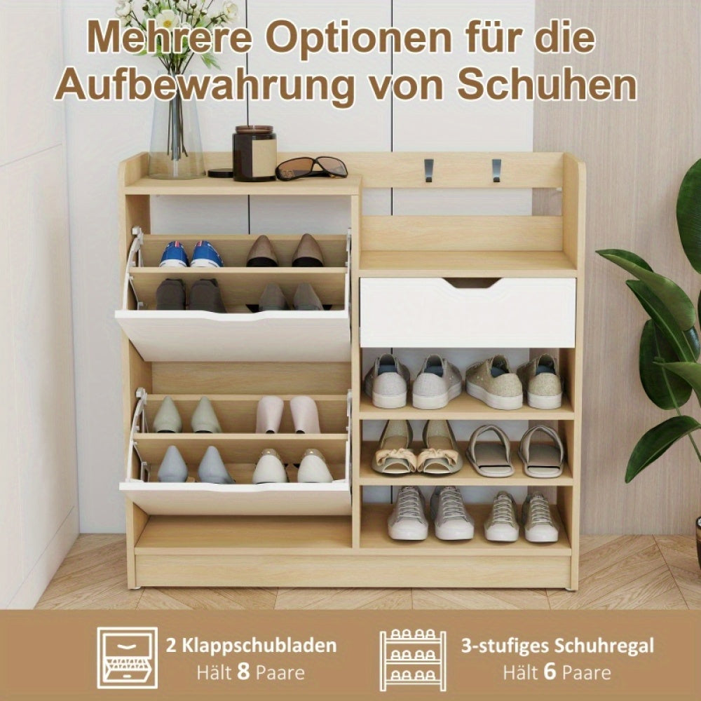 Shoe Cabinet, Suitable for Hallways, Featuring a Lift-up Drawer, Open Shelving and Four Hooks, Accommodating up to Fourteen Pairs of Shoes, Natural Finish.