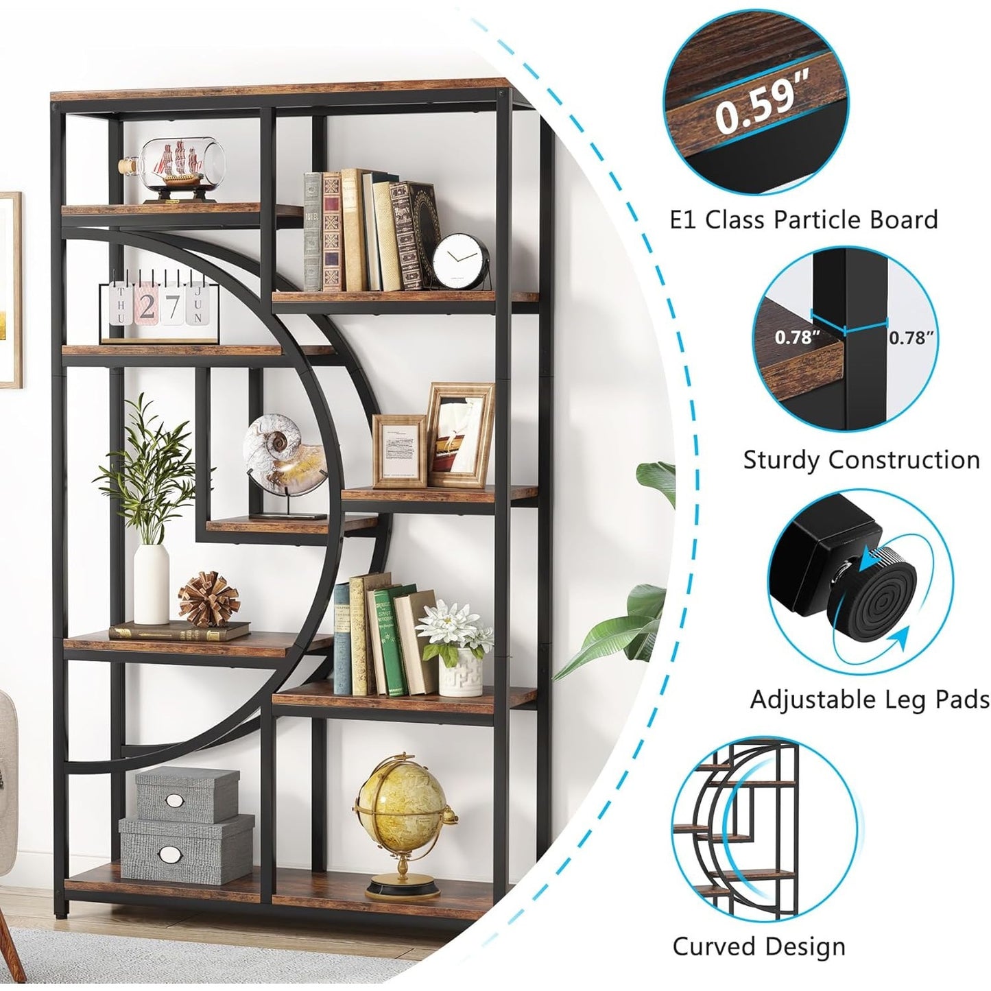 Boekenkast – Boekrek – Wandrek – Opbergkast – Vakkenkast – 9 Open Vakken – Robuust MDF Met Metaal – Industrieel Design – Rustic Brown & Zwart