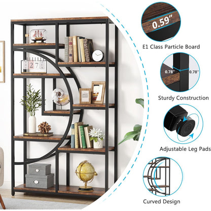 Boekenkast – Boekrek – Wandrek – Opbergkast – Vakkenkast – 9 Open Vakken – Robuust MDF Met Metaal – Industrieel Design – Rustic Brown & Zwart