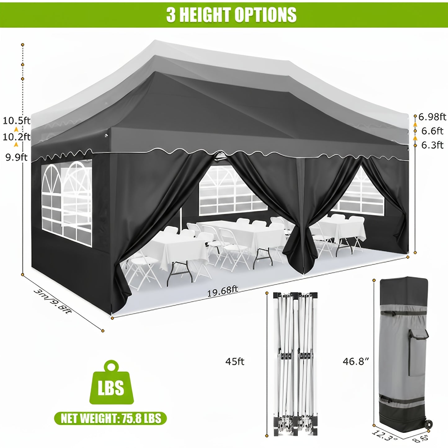 Pop-Up Tent – Partytent – Canopy – Vouwtent – Evenemententent – Blauw – 3x6 meter – UV-bestendig Oxford Doek – 6 Afneembare Zijwanden – 3 Verstelbare Hoogtes – Inclusief Zandzakken en Wieltas