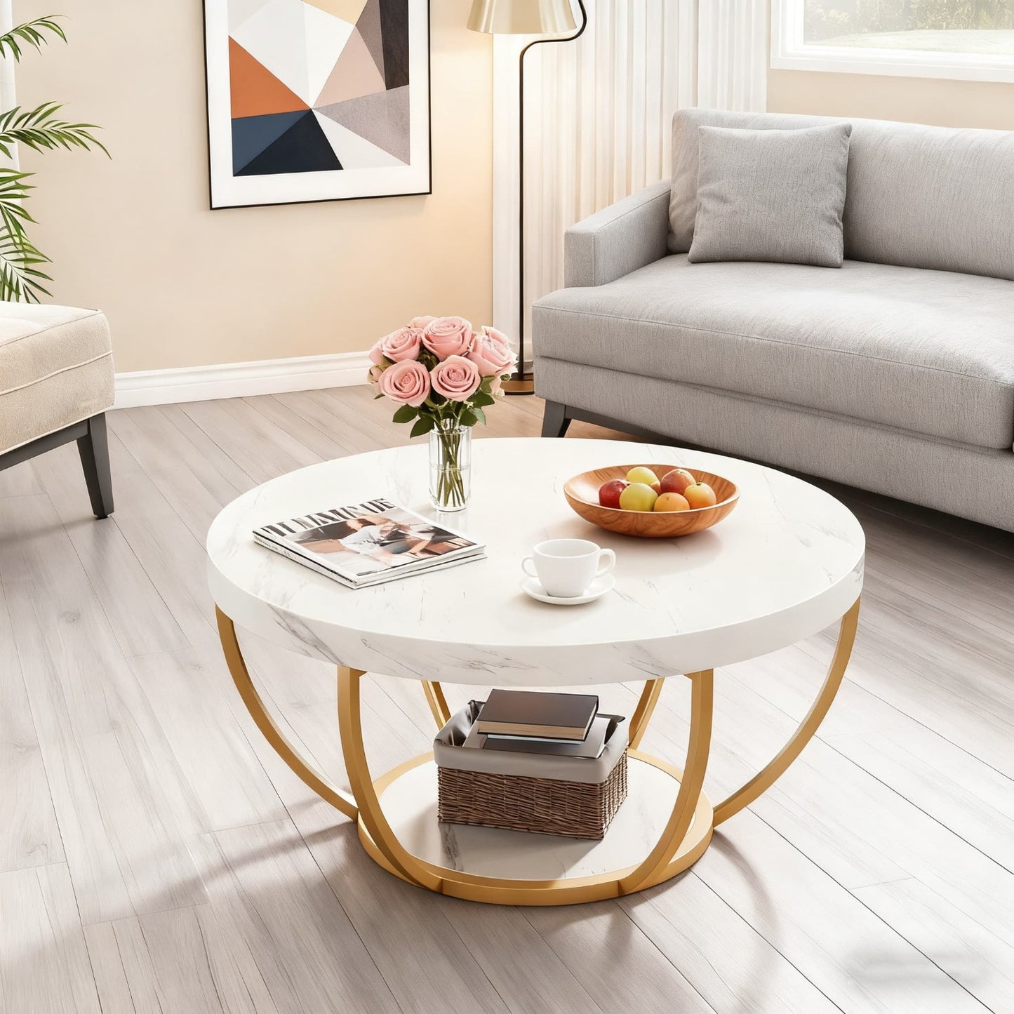 Ronde Salontafel – Cocktailtafel – Bijzettafel – Tafel – Woonkamertafel – Modern Design – Wit Marmerlook – Gouden Poten – 2-Laags Opbergruimte – Eenvoudige Montage