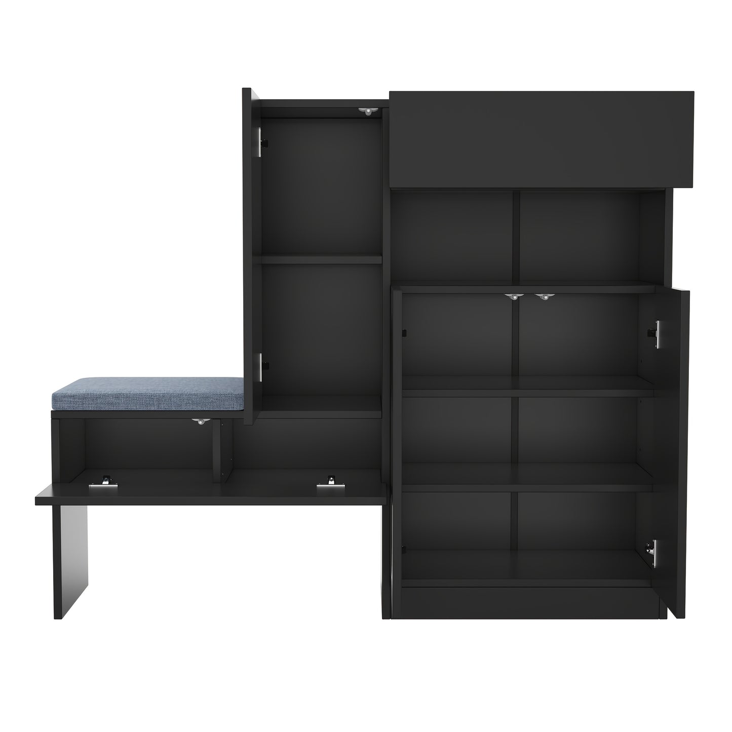 Modern Entryway Storage Cabinet with Hinged Doors - Heavy-Duty Metal Construction, Space-Saving Shoe Organizer with Upholstered Bench, Height-Adjustable Compartments, Curved Door Design for Hallway, Living Room, Bedroom - No