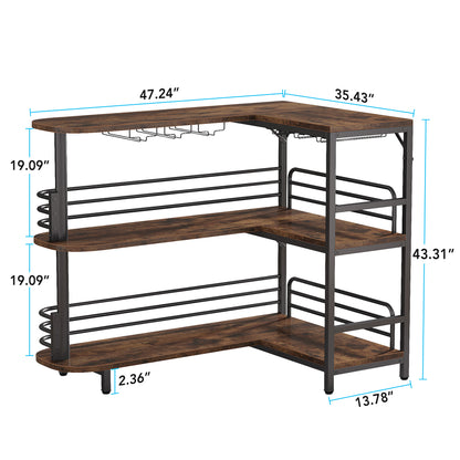Barmeubel – Bartafel – Barkast – Drankkast – Wijnkast – Industrieel Design – L-vormig – 3 Schappen Met Wijnrek En Glazenhouder – Rustiek Bruin – 120x90x110 cm