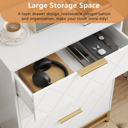 Kommode – Ladekast – Dressoir – Opbergkast – Ladekast Wit – 4 Lades – Gouden Metalen Poten – Anti-Kantel Veiligheid – Hardhout – Compact Design