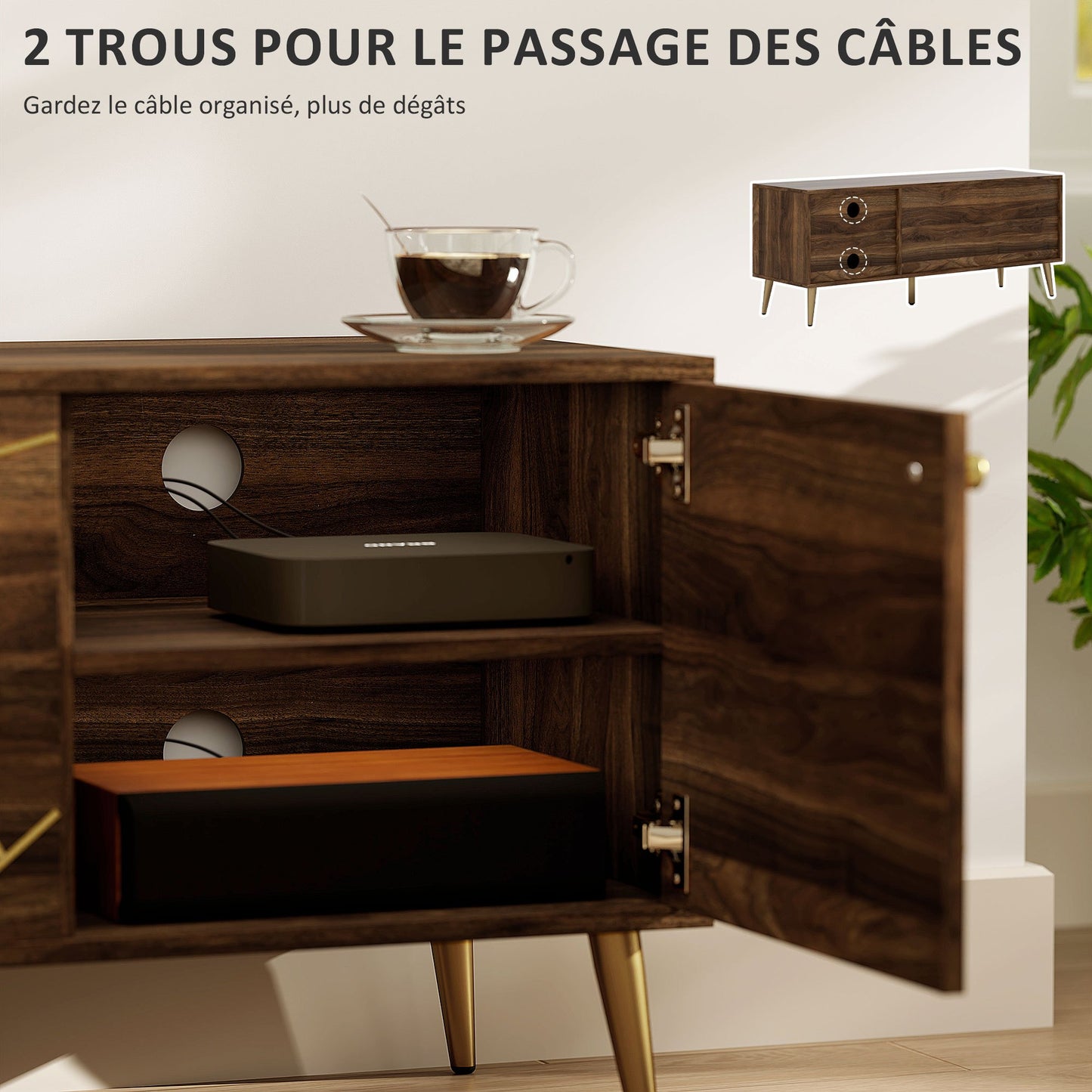 TV-Meubel – TV-Kast – Televisiekast – Mediameubel – TV-Standaard – Geschikt voor televisies tot 60 inch – Verstelbare planken met kabelbeheer – Modern bruin hout met goudkleurige stalen poten