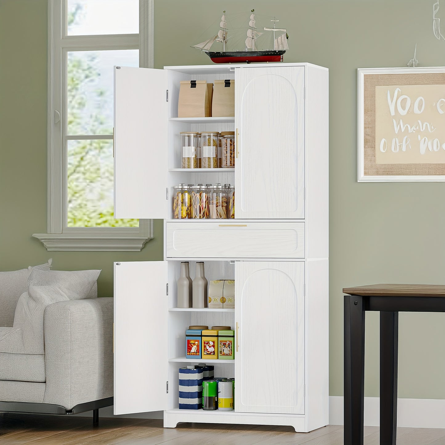 Hoge Keukenkast – Opbergkast – Witte Kast – Keukenkast Met Laden – Hoge Kast Voor Keuken – Verstelbare Planken – Anti-Kantelbeveiliging