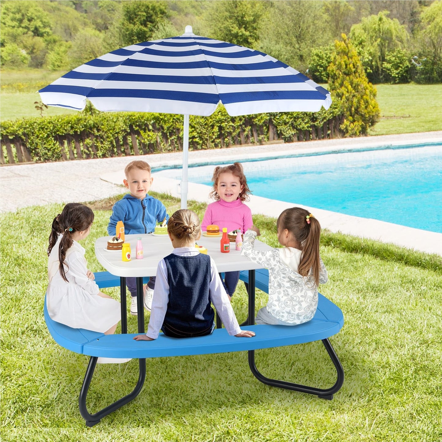 Kinderpicknicktafel – Kindertafel – Buitentafel – Speeltafel – Kindertuinmeubel – Voor 8 Kinderen – Weerbestendig HDPE – Verstelbaar Zonnescherm Blauw