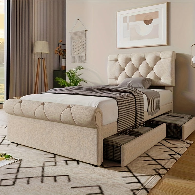 Eenpersoonsbed – Bed – Slaapbank – Logeerbed – Kinderbed – 90x200 cm – 2 Opberglades – Verstelbaar Hoofdeinde – Chesterfield Design – Natuurlijke Khaki Kleur