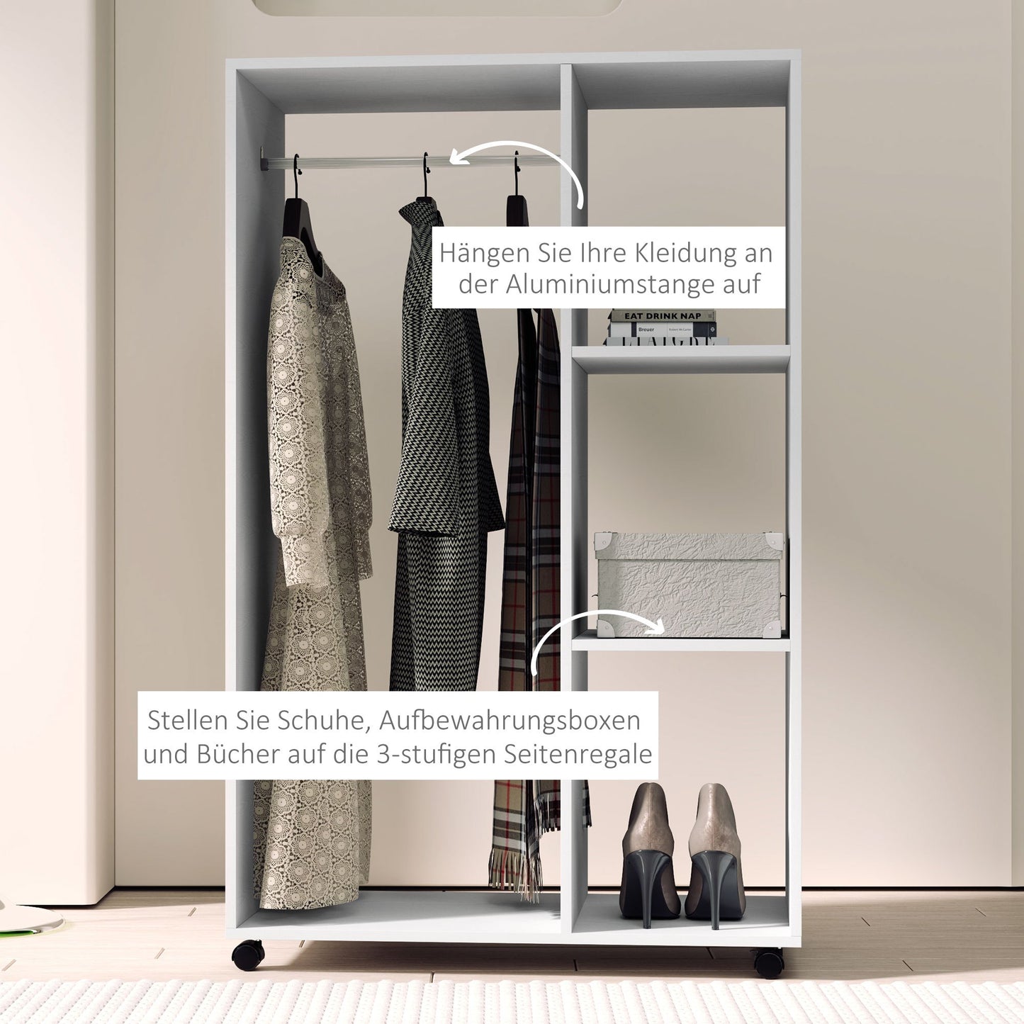 Rollende Kledingkast – Mobiele Kast – Kledingrek Op Wieltjes – Opbergkast – Garderobekast – Compact 80x40x128 cm – Stevig Wit Frame