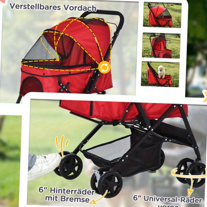 Huisdierscooter – Dierenwagen – Hondenbuggy – Kattenwagen – Draagwagen – Lichtgewicht & Duurzaam – Afmeting 76,5x52x95 cm – Rode Oxford Stof