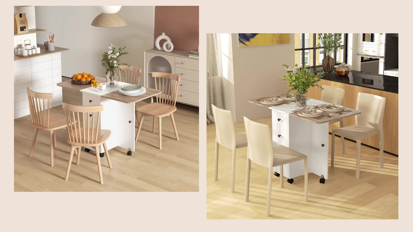 Opvouwbare Keuken- en Eettafel – Uitklapbare Tafel – Inklapbare Tafel – Verrijdbare Tafel – Ruimtebesparende Tafel – Wit – 2 Lades & Kast – Compact en Mobiel