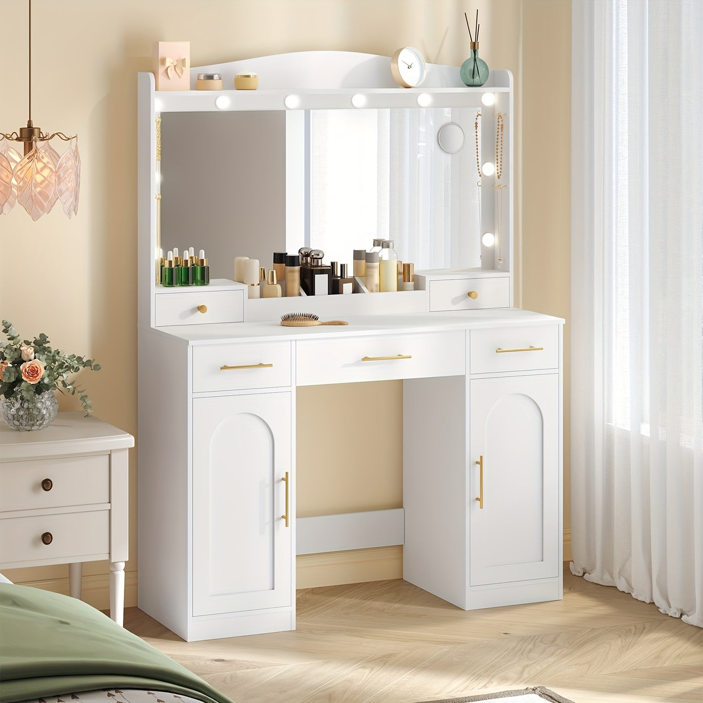 Dressing Table With HD Large Mirror, 3 Color Adjustable LED Lights, 5 Drawers And 2 Storage Cabinets, Open Storage, Bedroom, 40 X 108 X 149 Cm, White